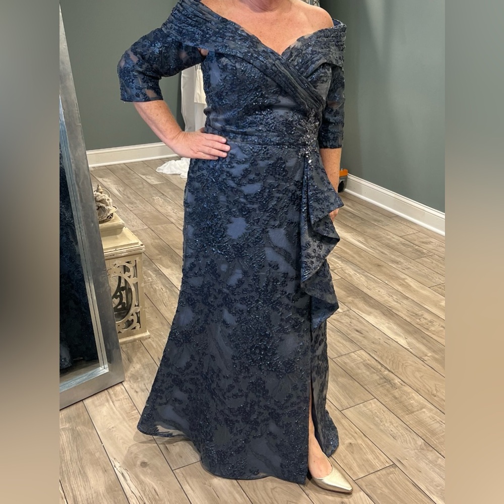 Mon Cheri Midnight Blue Off-Shoulder Maxi Dress